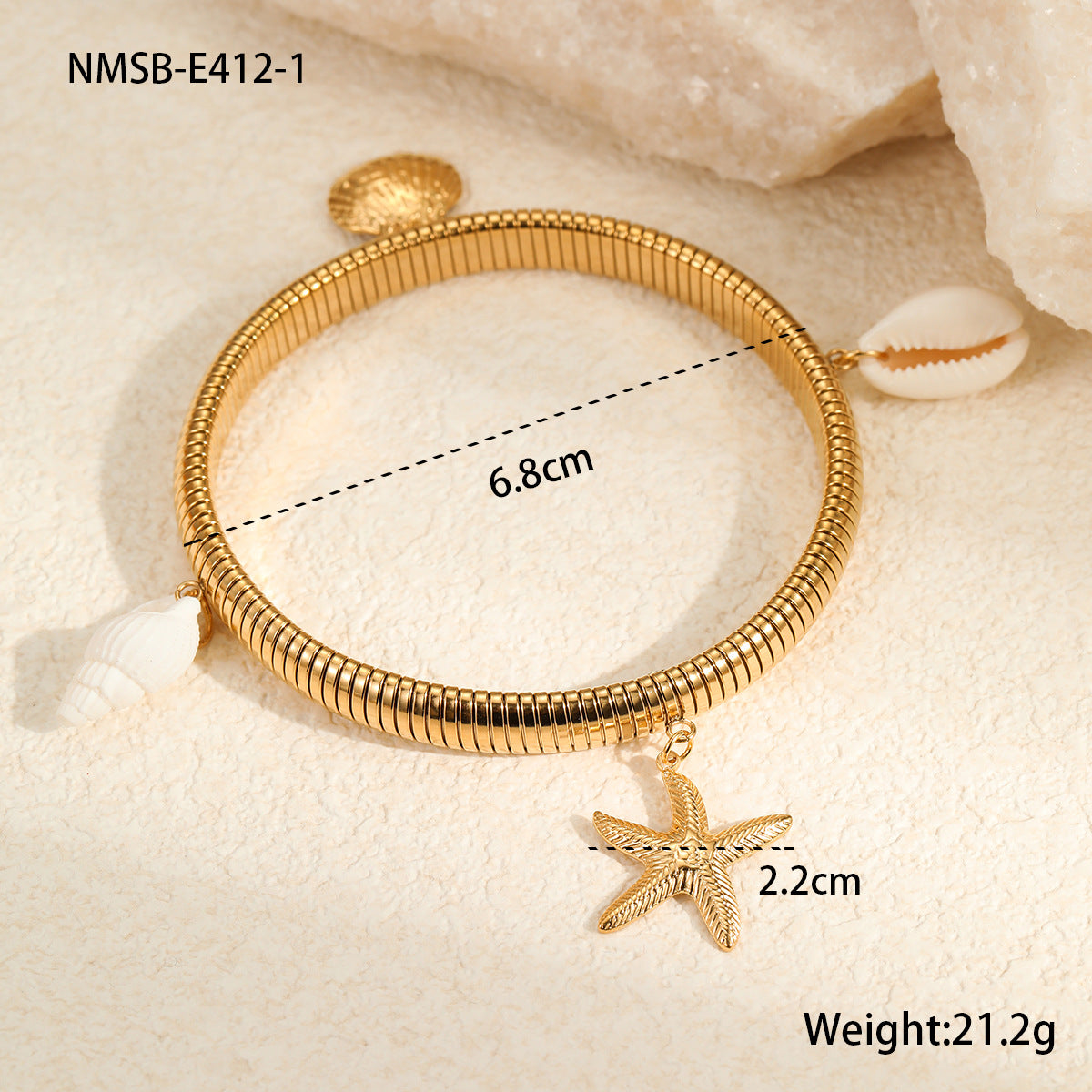 Elegante bracciale placcato in acciaio inossidabile a forma di stella, geometrico, con ciondolo a stella e conchiglia per donna