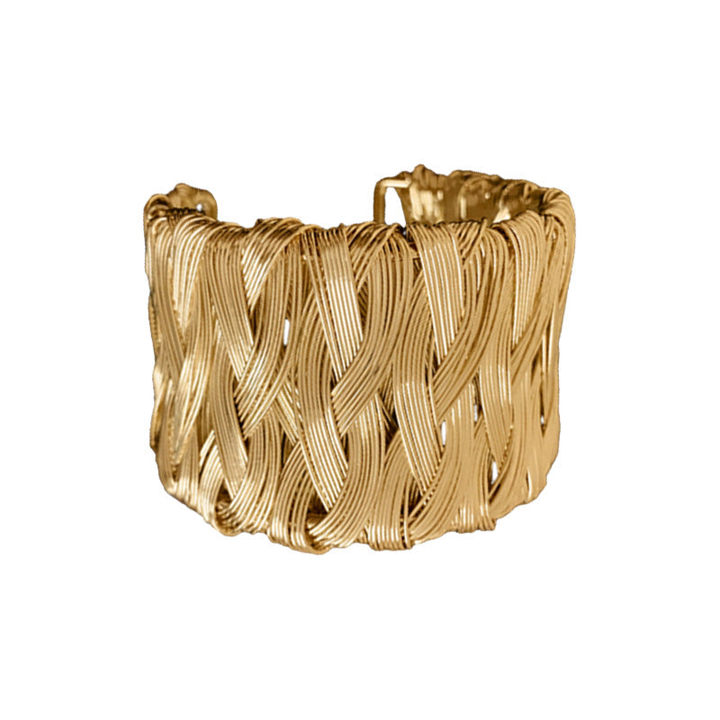 Bracciale rigido intrecciato minimalista color freddo in lega con finitura placcata da donna, accessorio di moda elegante con design a linee geometriche