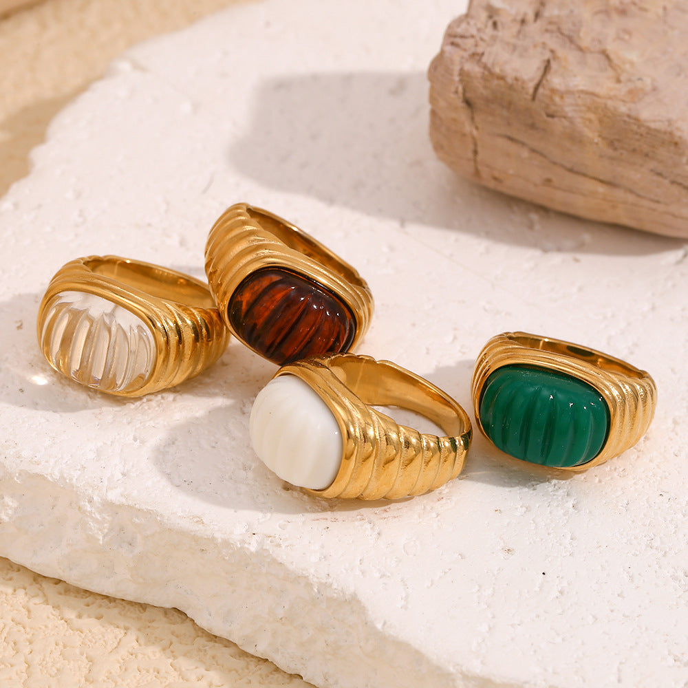 Anello in acciaio inossidabile geometrico quadrato vintage elegante placcato oro 18 carati con strass