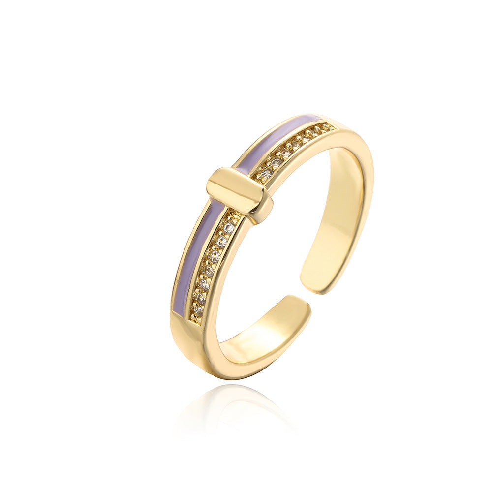 Anello minimalista geometrico in rame con placcatura in oro vero e accenti di zirconi smaltati da donna
