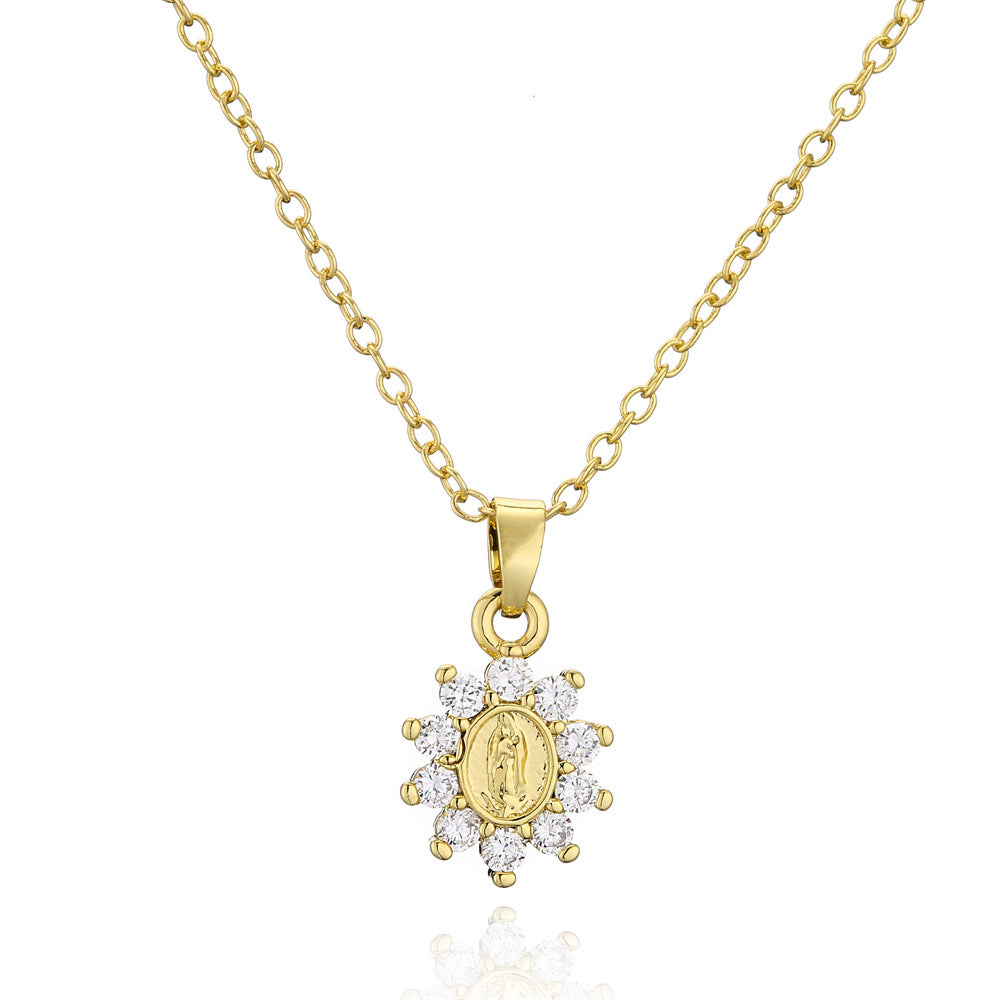 Religious Geometric Brass Micro-Inlaid Cubic Zirconia Virgin Mary Pendant Necklace with Cable Chain