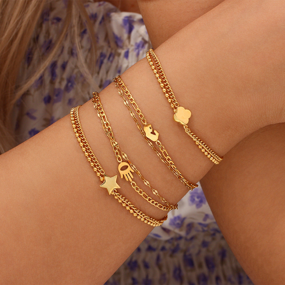 Fashionable Geometric Stainless Steel Twisted Beaded Double-Layer Star Bracelet with Plated Finish for Women