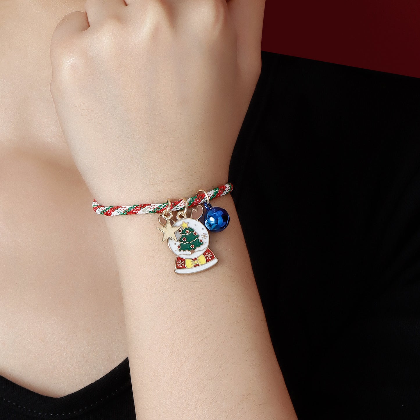 Minimalist Geometric Star and Bell Charm Bracelet with Woven Cord and Plated Finish for Christmas and Anniversary Gifting
