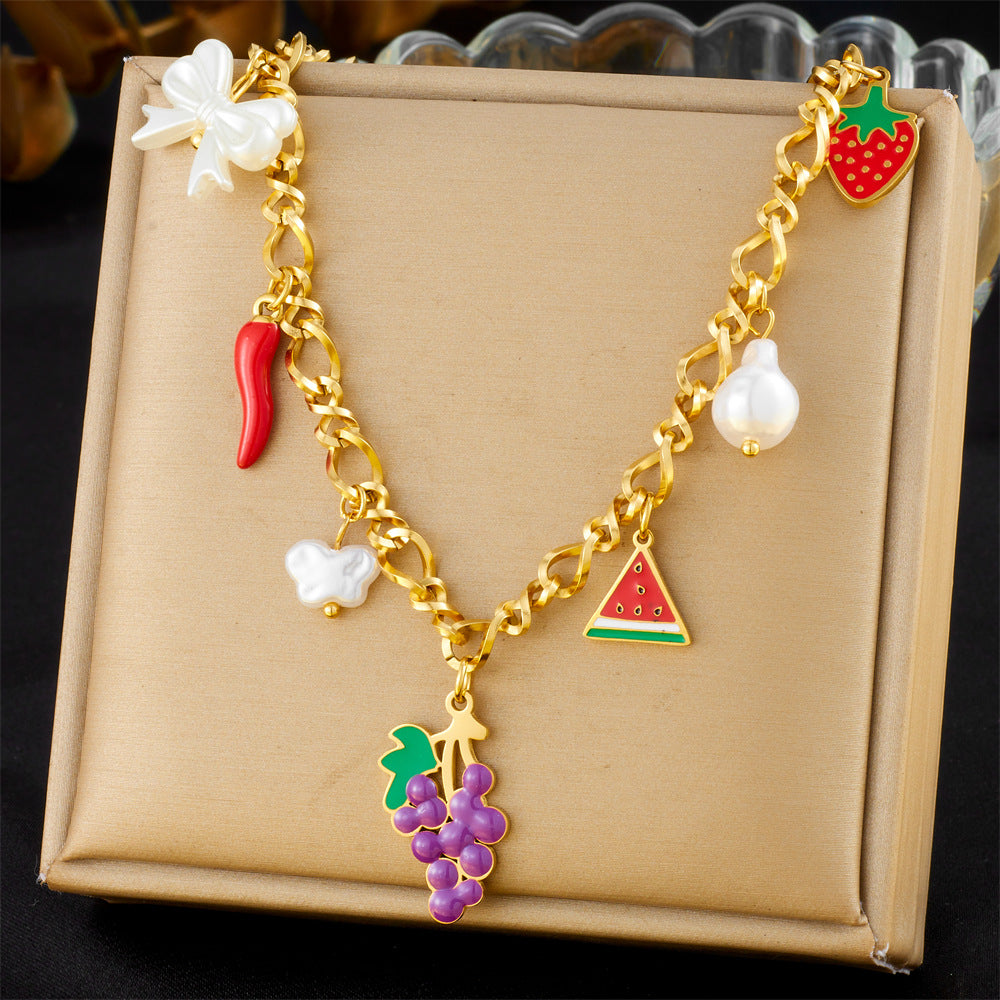 Elegant Cartoon Drip Oil Plated Stainless Steel Butterfly Fruit Jewelry Set with Serpentine Chain for Women