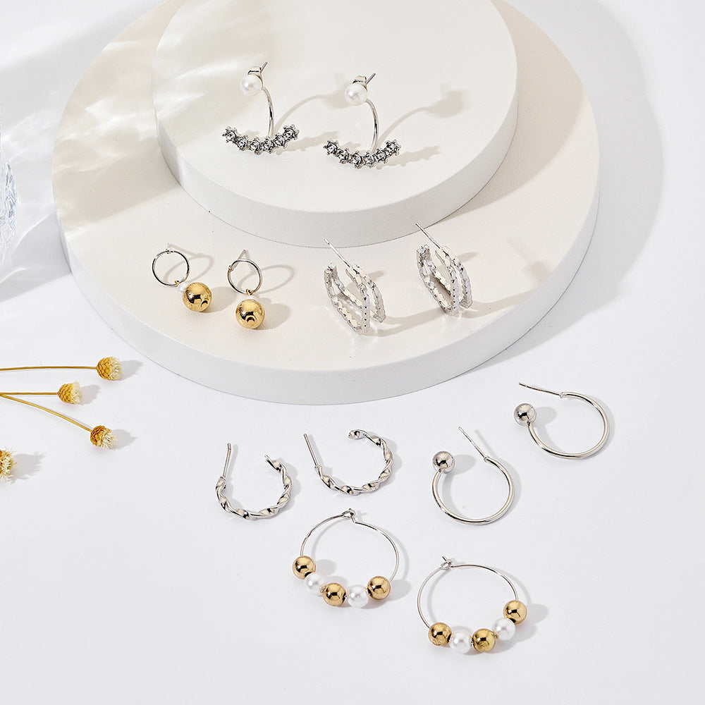 Vintage Geometric Round Alloy Hoop Earrings Set with Rhinestone and Pearl Inlay
