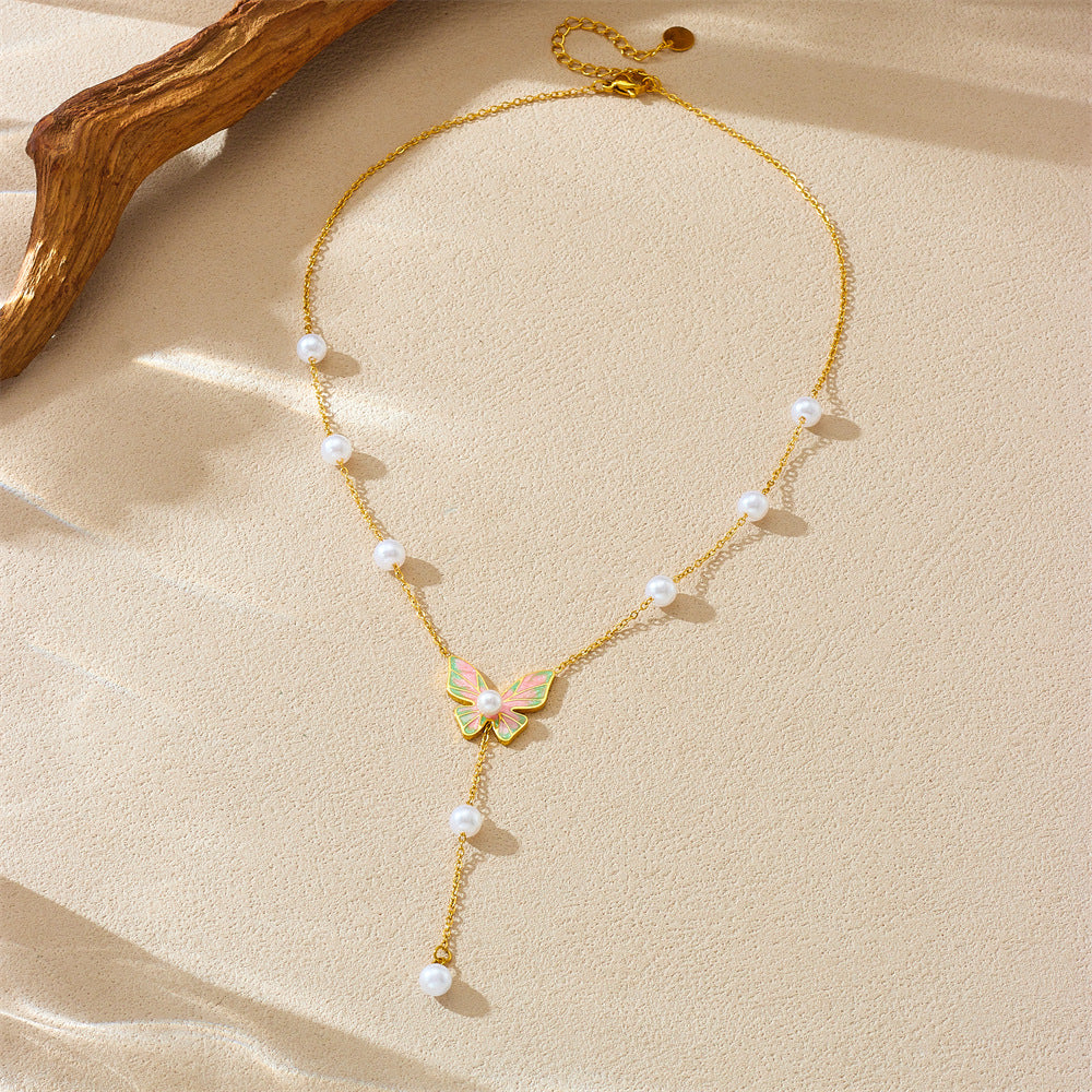 Minimalist Butterfly Pendant Necklace with Enamel Coloring and Pearl Accents on Stainless Steel Snake Chain for Women
