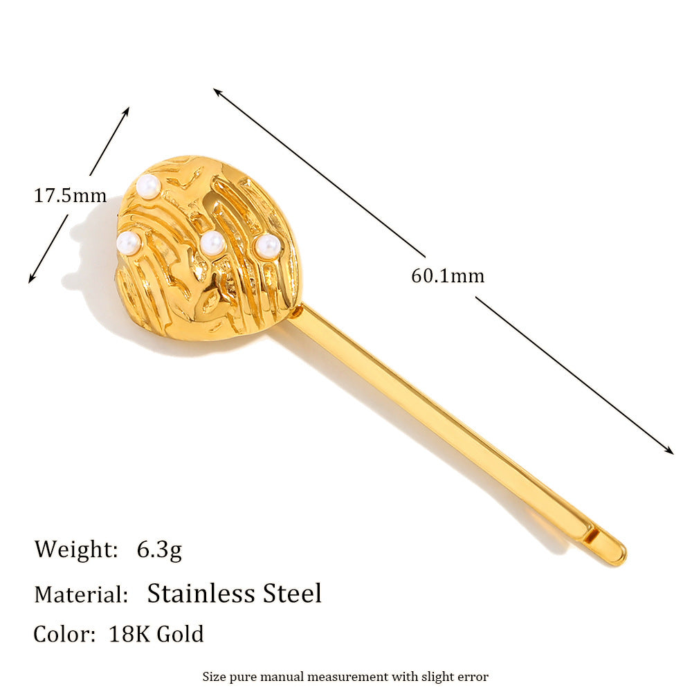 Vintage French-Inspired Heart and Seashell Hair Clip for Women Made of Stainless Steel with 18K Gold Plating