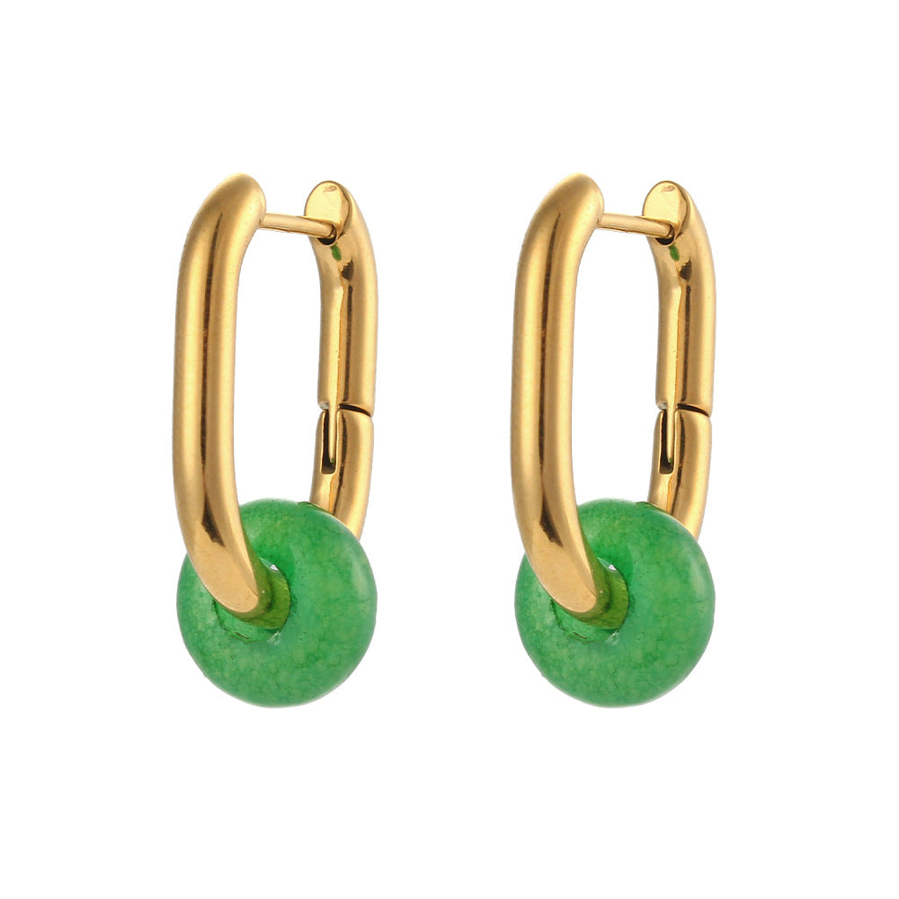 Vintage-Inspired Geometric Stainless Steel Earrings with 18K Gold Plating and Natural Sunstone Cat's Eye Accents for Women