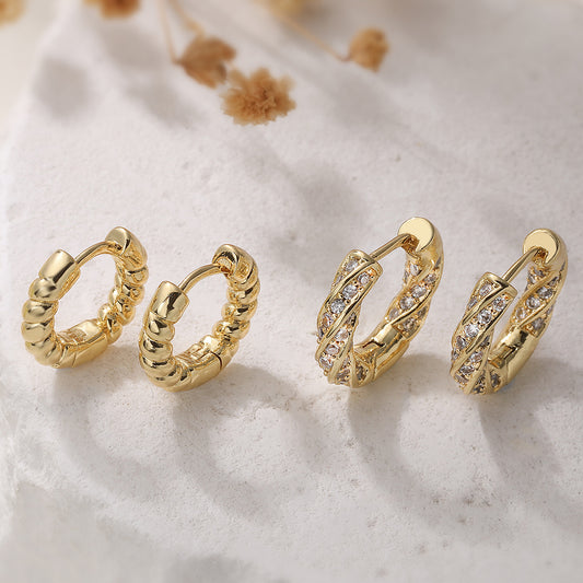 Minimalist Luxury Vintage Geometric Brass 18K Gold Plated Cubic Zirconia Inlay Hoop Earrings for Women
