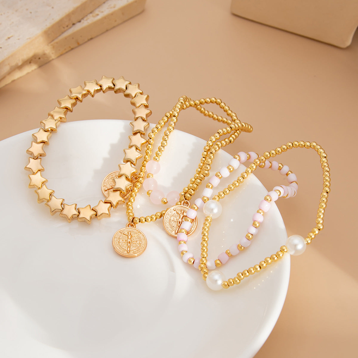Pulsera de aleación electrochapada con forma de estrella, estilo vintage minimalista, con imitación de perla y borlas