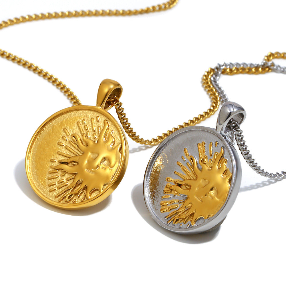 Luxury Geometric Stainless Steel Sun Coin Pendant Necklace with 18K Gold Plating for Women