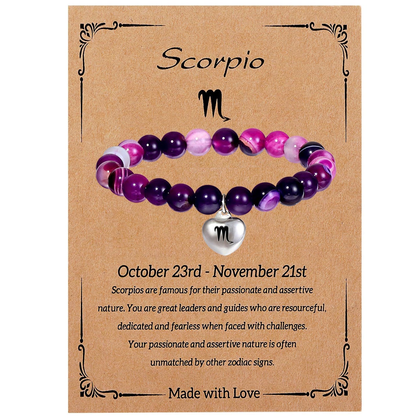 Elegant Heart Shape Agate Beaded Charm Bar for Women Zodiac Natural Stone Birthday Gift