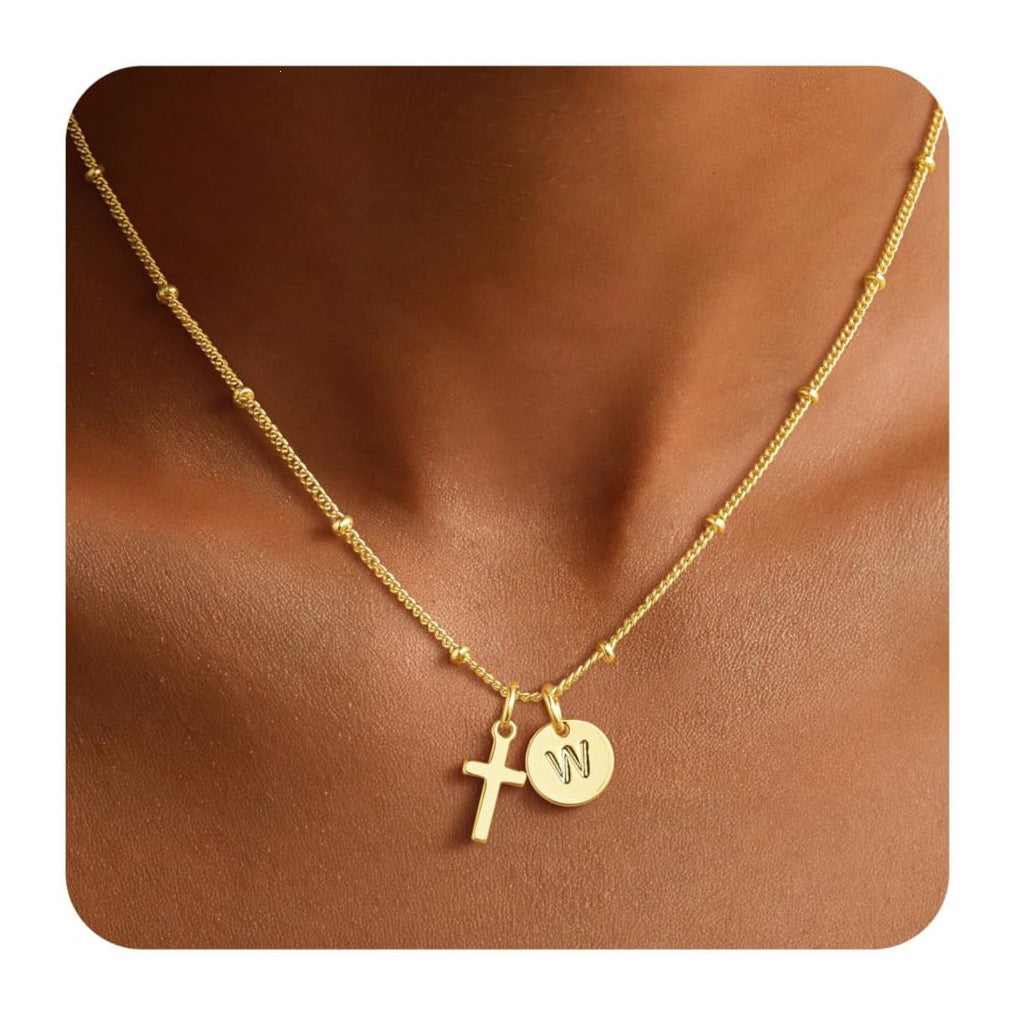 Luxury Elegant Stainless Steel Plated Cross Letter Pendant Necklace Ball Chain Women's Jewelry