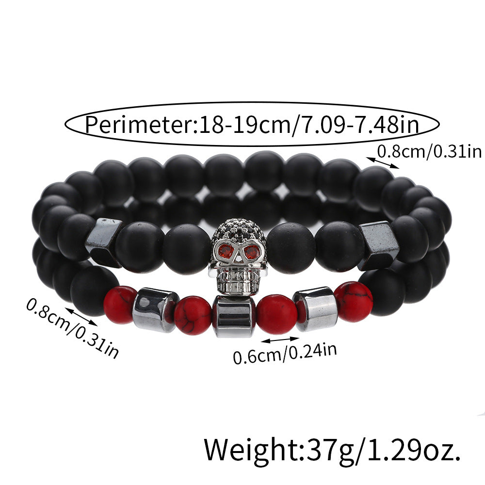 Micro-Paved Cubic Zirconia Geometric Skull Bracelet Set with Matte Black and Red Turquoise Beads