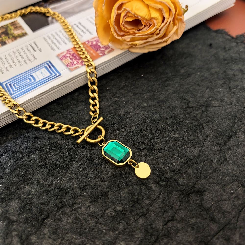 Irregular Geometric Square Emerald Cubic Zirconia Plated Titanium Steel Pendant Cuban Link Chain Necklace for Women
