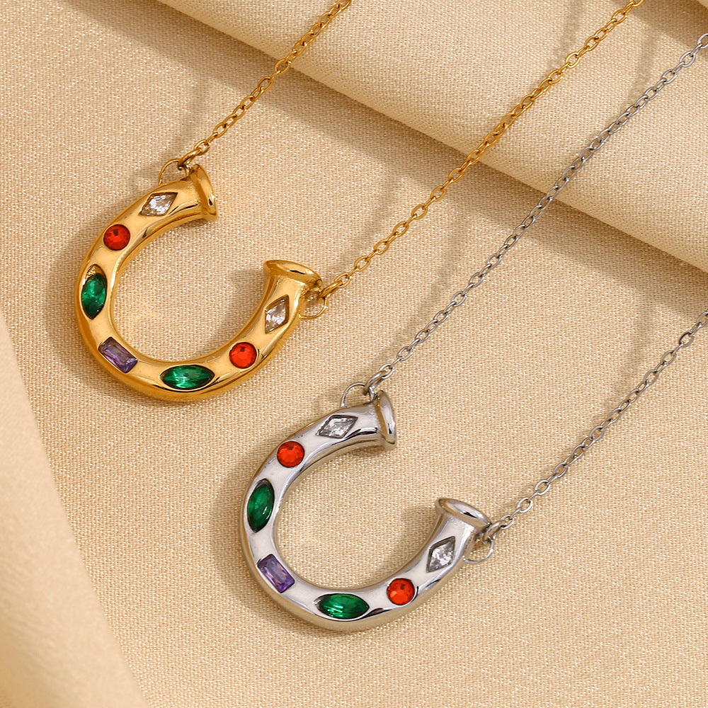 Minimalist U-Shaped Pendant Necklace in 316L Stainless Steel with 18K Gold Plating and Colorful Rhinestones for Women