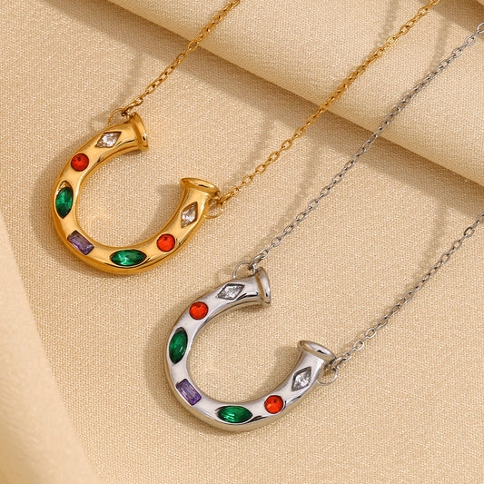 Minimalist U-Shaped Pendant Necklace in 316L Stainless Steel with 18K Gold Plating and Colorful Rhinestones for Women