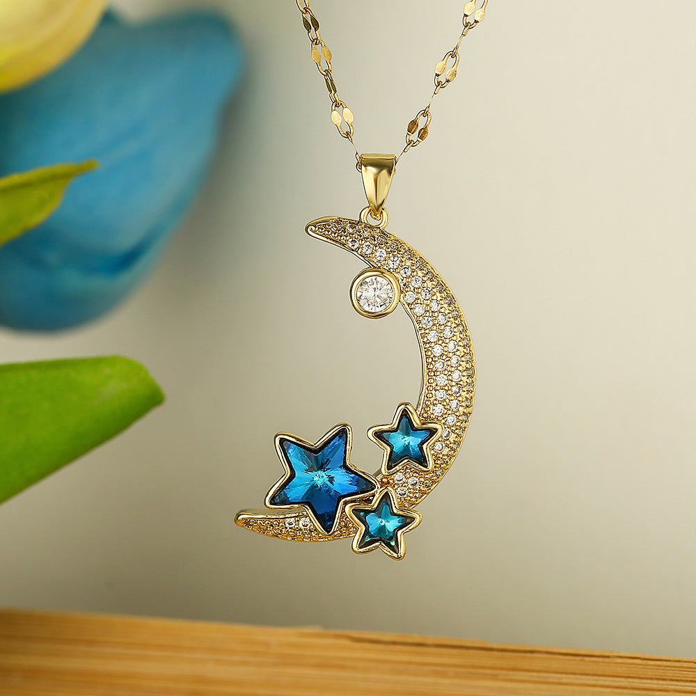 Collana Pendente Stella e Luna Minimalista da Donna in Rame con Placcatura in Oro Vero e Intarsio in Zircone