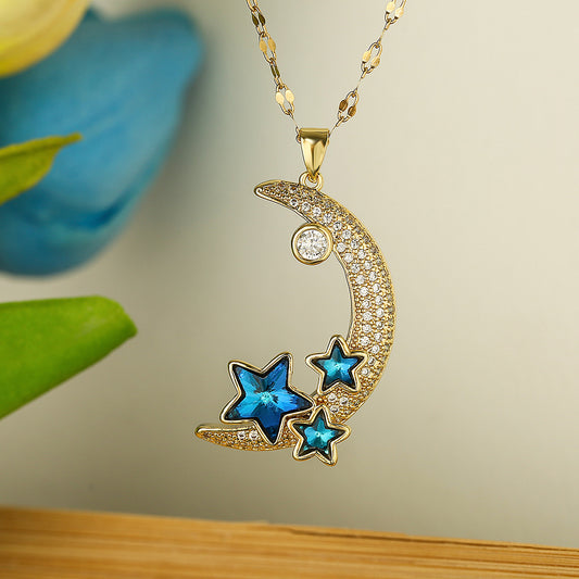 Collana Pendente Stella e Luna Minimalista da Donna in Rame con Placcatura in Oro Vero e Intarsio in Zircone