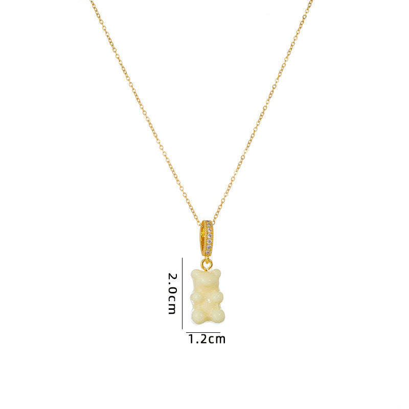 Minimalist Geometric Bear Pendant Necklace in Titanium Steel with Rhinestone Inlay on O-Chain for Women