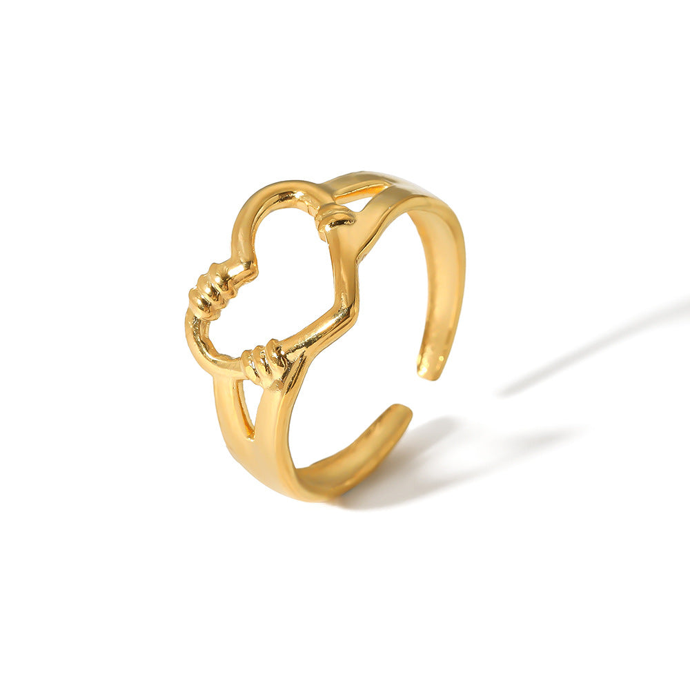 Minimalist Heart-Shaped Stainless Steel Adjustable Open Ring with Vacuum Gold Plating for Women