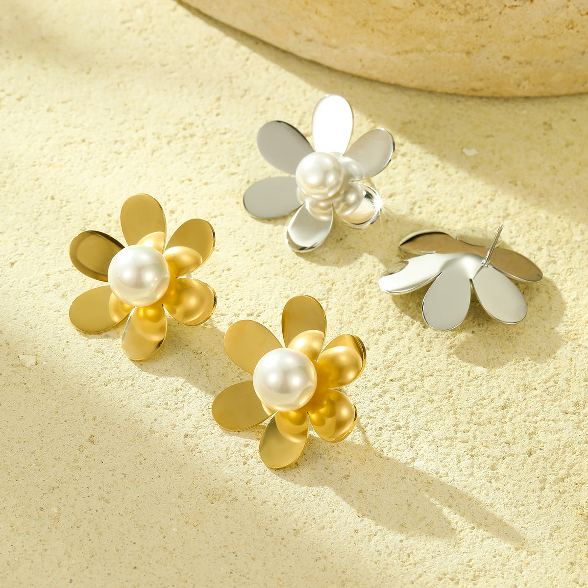 Minimalist Luxe Floral Pearl-Embellished Stainless Steel Earrings with Plated Finish for Women