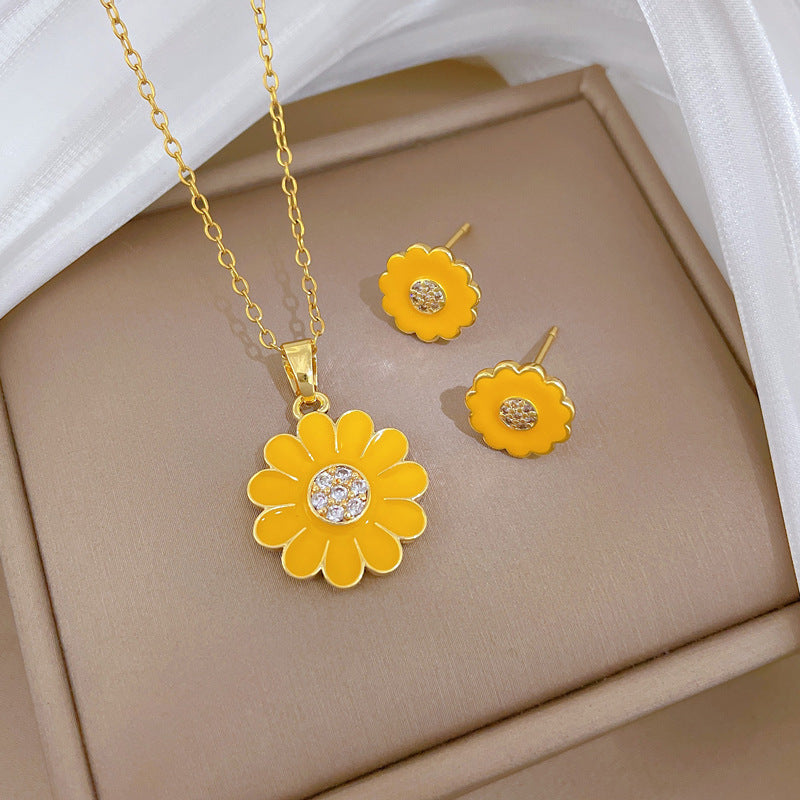 Sweet Elegant Drip Oil Plant Rhinestone Titanium Steel Necklace Set for Unisex