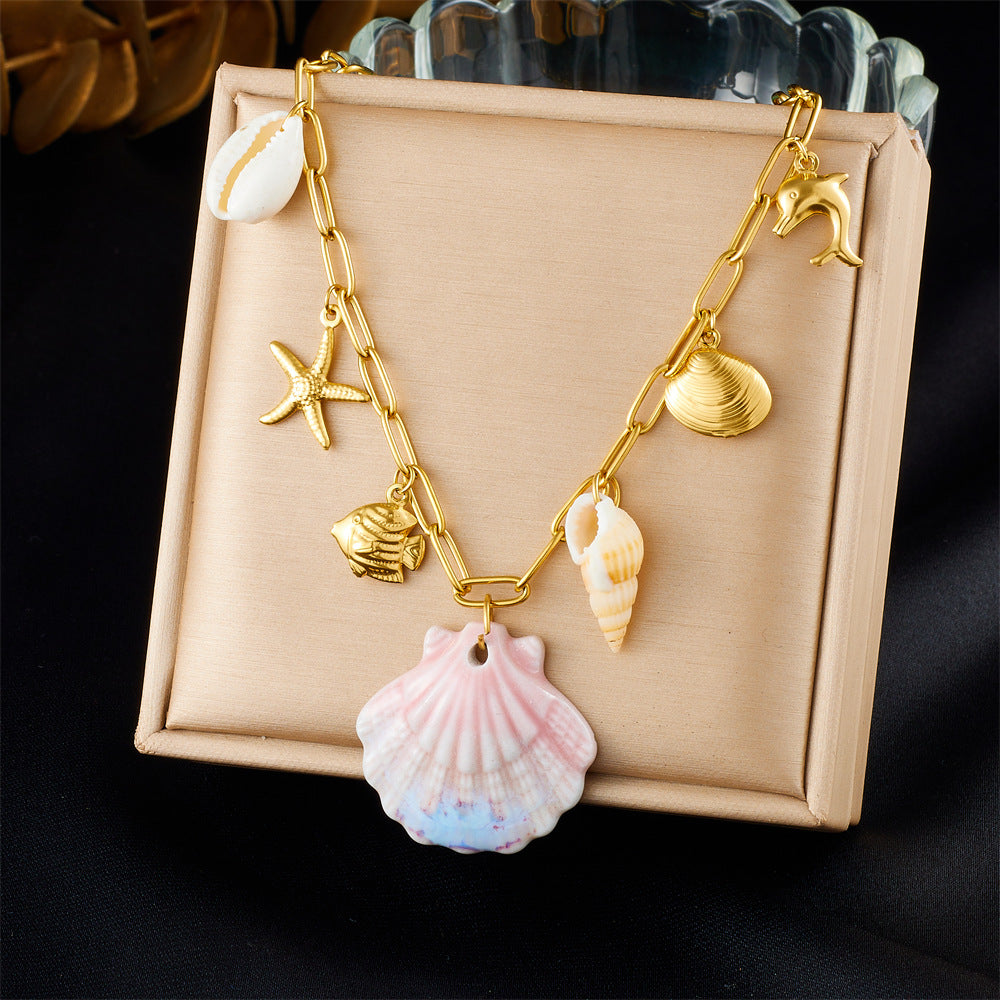 Chic Gold Plated Stainless Steel Animal Starfish Shell Dolphin Pendant Necklace for Women