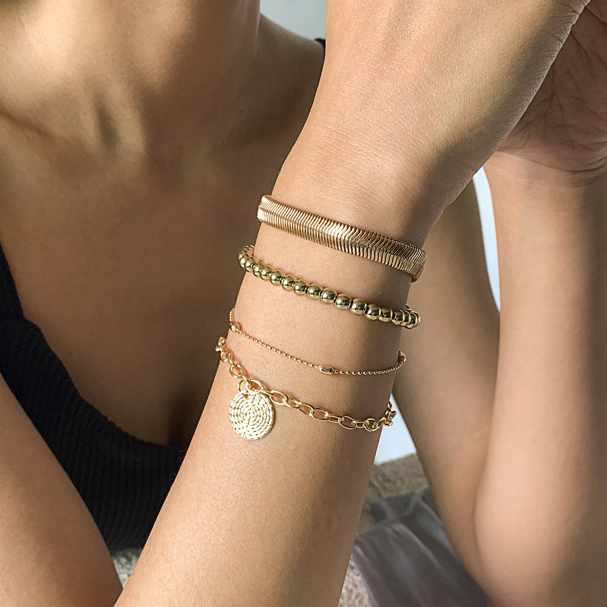 Punk Style Geometric Matte Round Pendant Bracelet Set with Snake Chain for Women