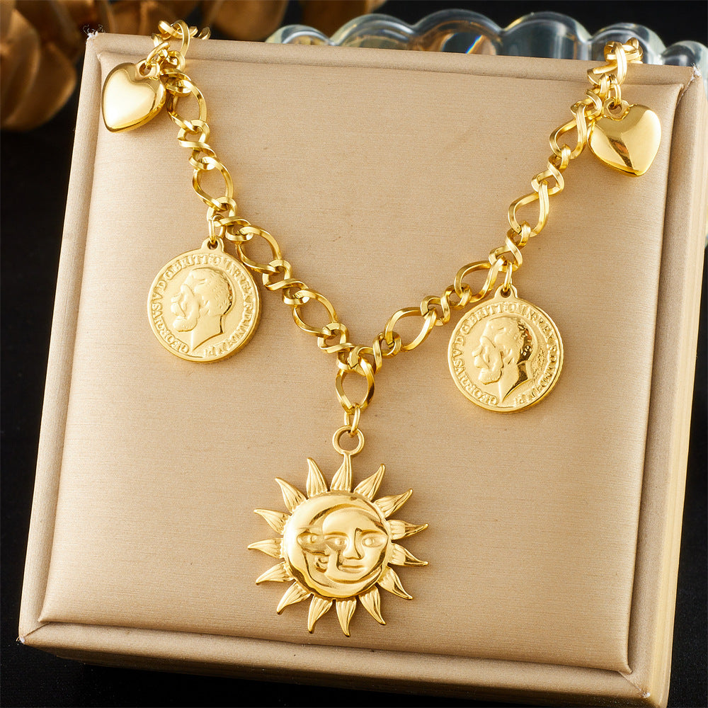 Punk Stainless Steel Plated Round Sun Moon Heart Pendant Cable Chain Necklace for Women
