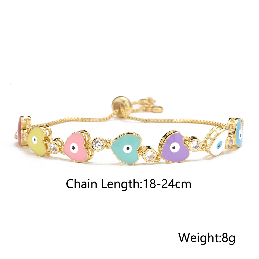 Bracciale in Rame Geometrico Stile INS Carino con Placcatura in Oro 18K, Zirconi Micro-Incastonati, Ciondolo Occhio a Cuore in Smalto per Donna