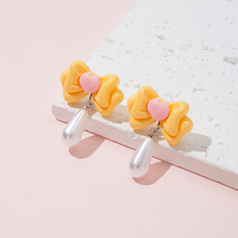 Orecchini a perno con perla a forma di fiocco, dolci e minimalisti, gioielli per bambine alla moda