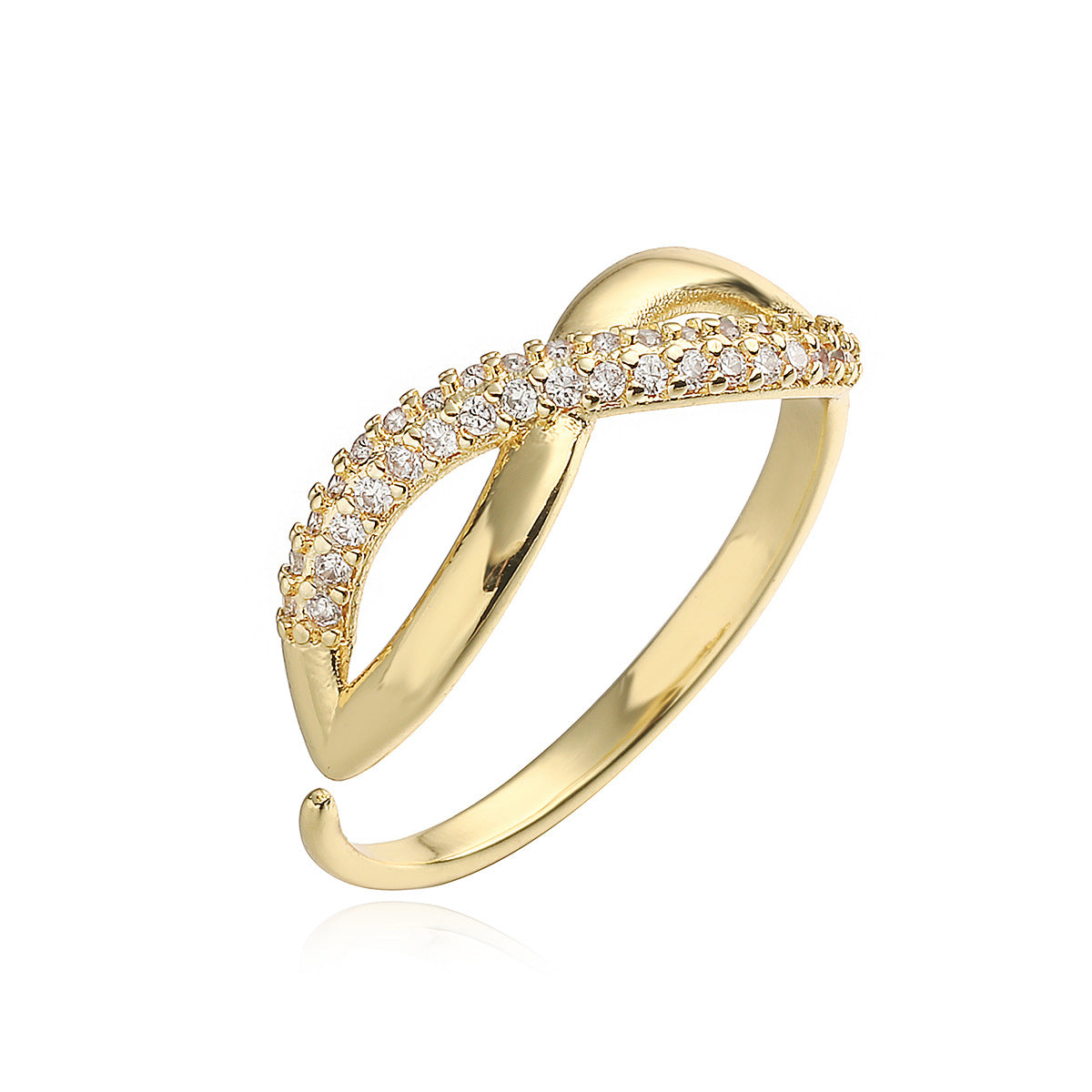 Anillo Abierto Geométrico Minimalista para Mujer en Latón con Baño de Oro y Circonita Microengastada