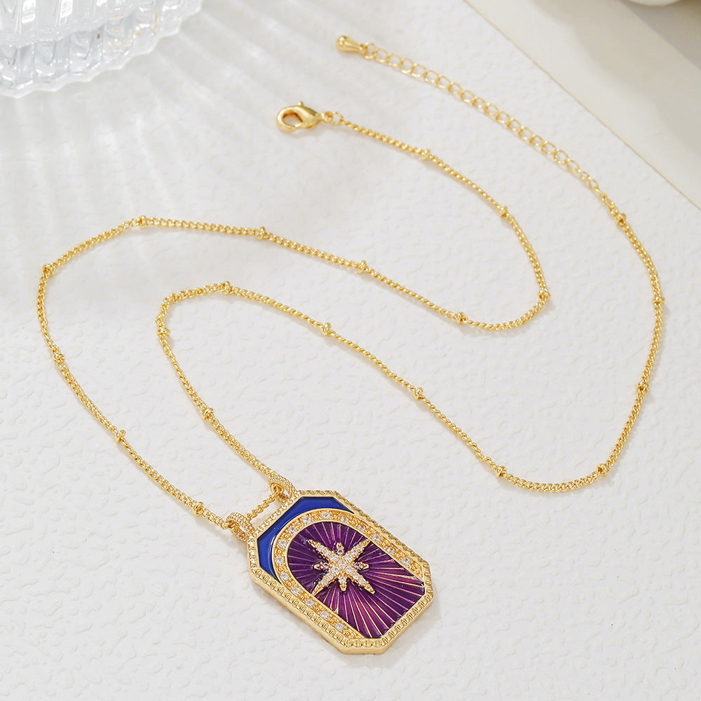 Geometric Gold Plated Brass Drip Oil Cubic Zirconia Inlay Tarot Necklace with Cable Chain