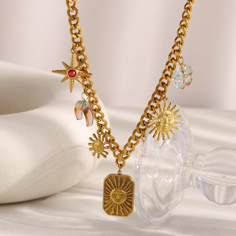 Collana Pendente Minimalista Geometrica Sole Luna e Ottagramma in Acciaio Inossidabile Placcato Oro 18K da Donna