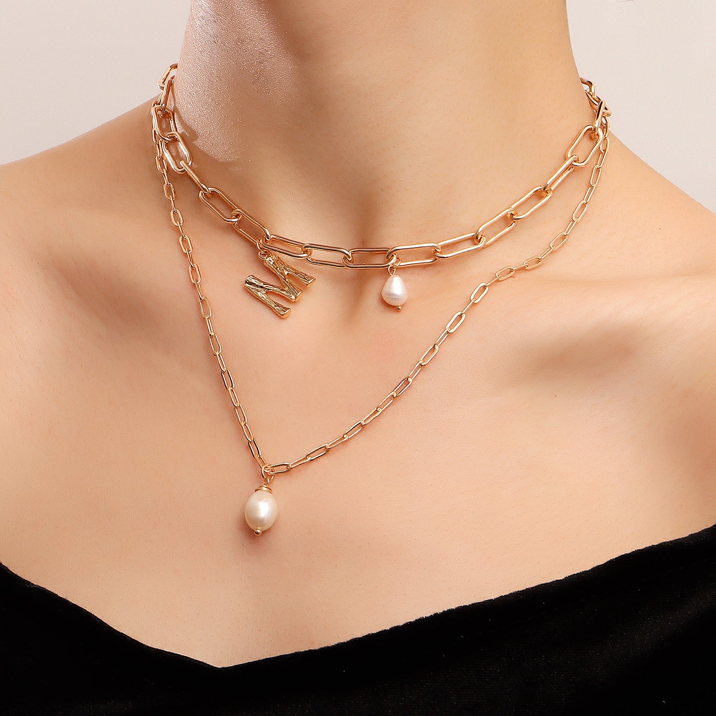 Punk Style Double-Layer Alloy Letter M Pendant Necklace for Women with Plated Finish and Clavicle Chain