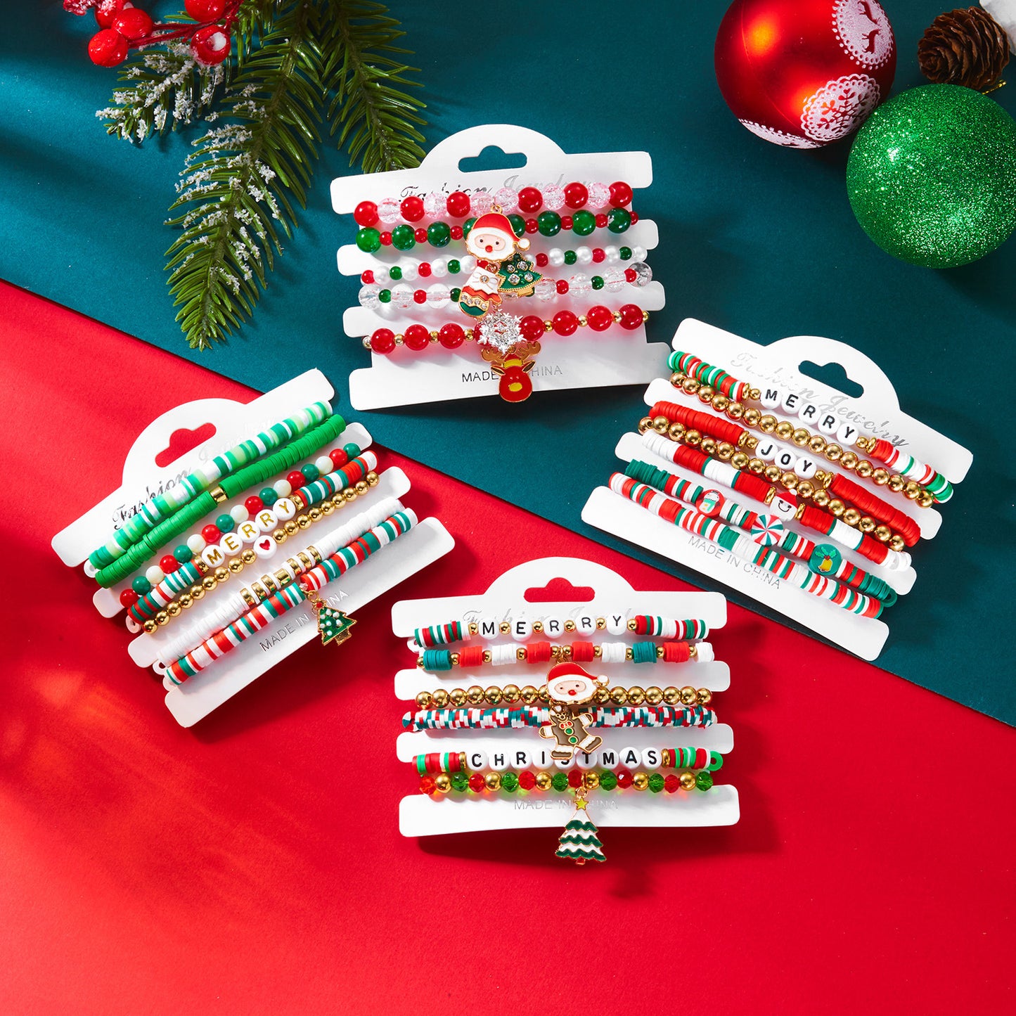 Sweet and Edgy Christmas Tree and Heart Polymer Clay Beaded Bracelet Set for Women Alloy Multi-Layer Stacking Bracelets