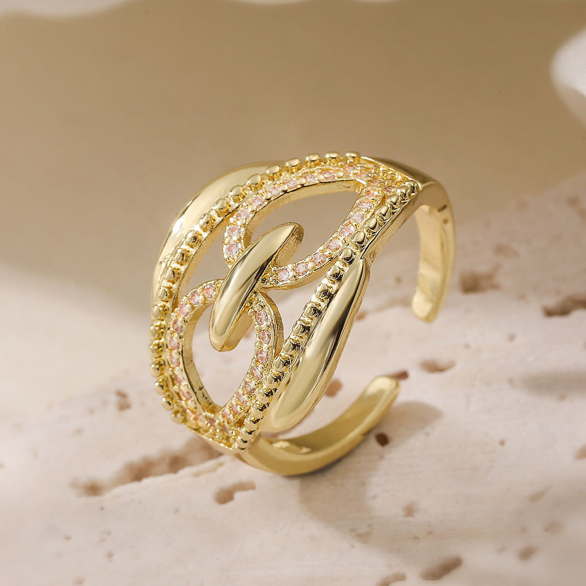 Minimalist Irregular Geometric Hollow-Out Copper Ring for Women with 18K Gold Plating