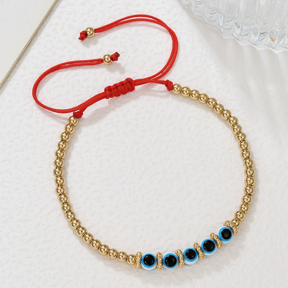 Fashion Geometric Glass Bead Handmade Bracelet with Red Cord and Gold Beads for Unisex
