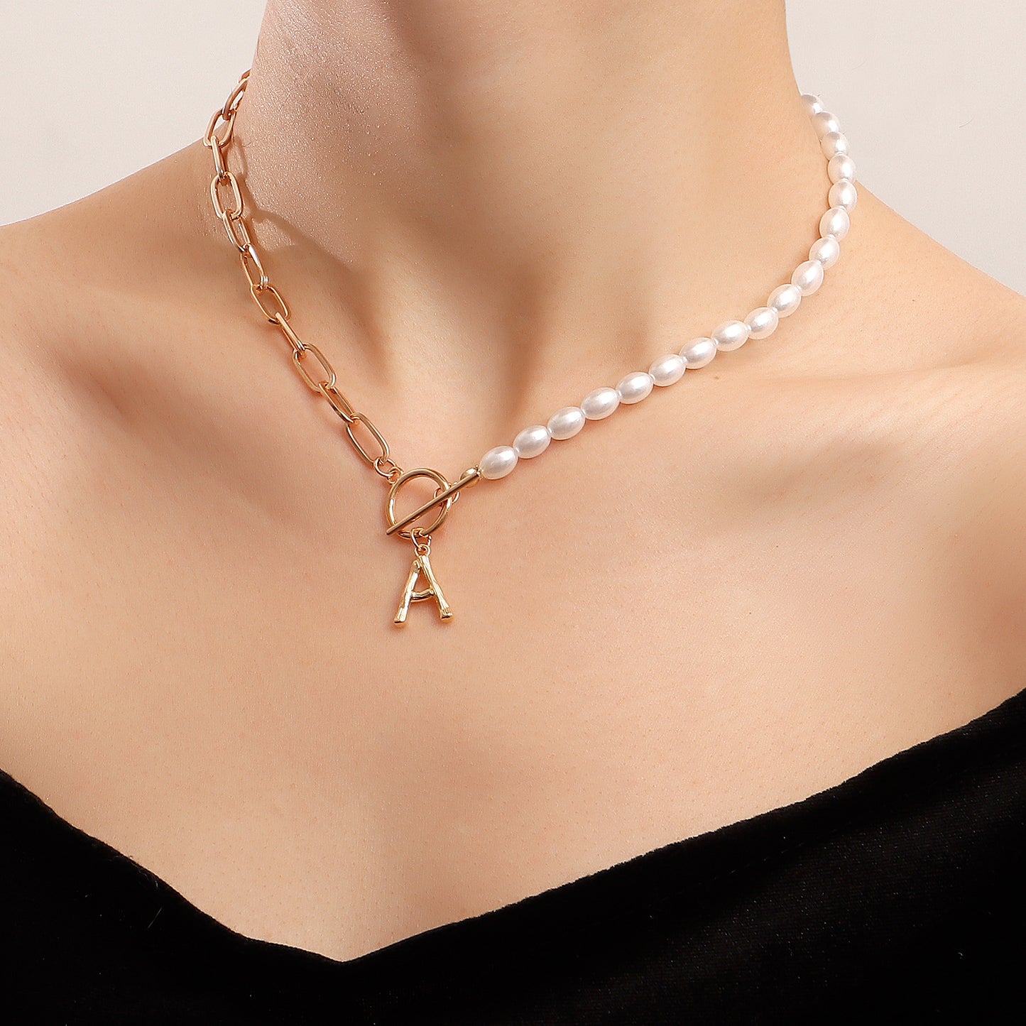 Minimalist Geometric Alloy Pendant Necklace with Simulated Pearl Accent and Letter A Design for Women