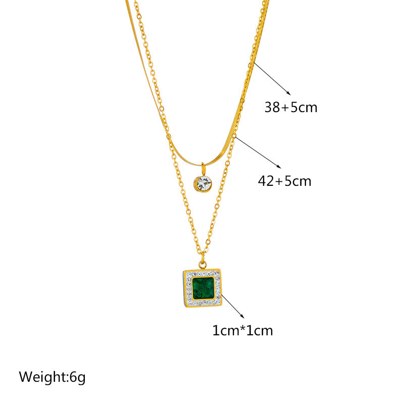 Minimalist Vintage Geometric Square Emerald Pendant Necklace with Titanium Steel Double Layer Chain and Rhinestone Inlay