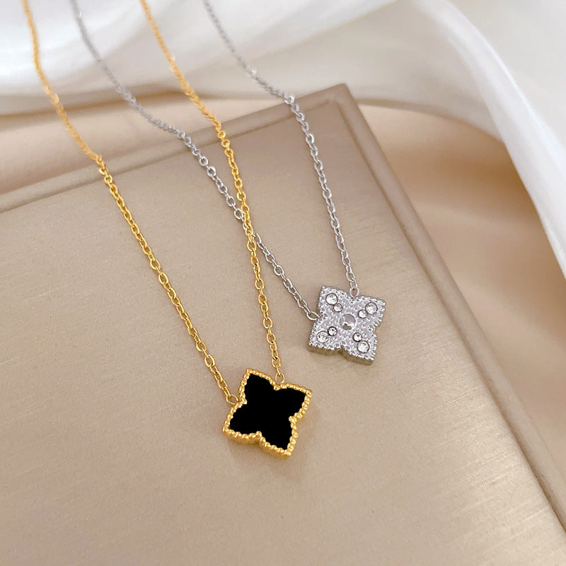 Minimalist Titanium Steel Rhinestone Four-Leaf Clover Collar Chain Necklace