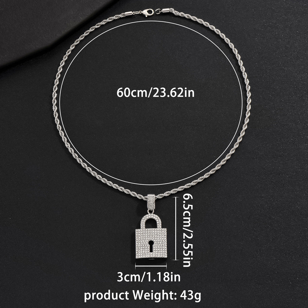 Collana da uomo con ciondolo a forma di lucchetto in stile hip hop, con corpo in lega e intarsio di strass su catena cubana