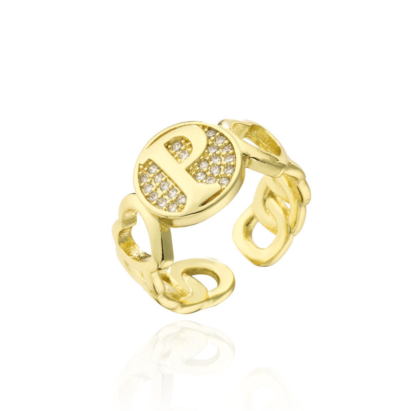 18K Gold Plated Brass Micro-Paved Cubic Zirconia Heart Letter Cuban Link Chain Open Ring for Women