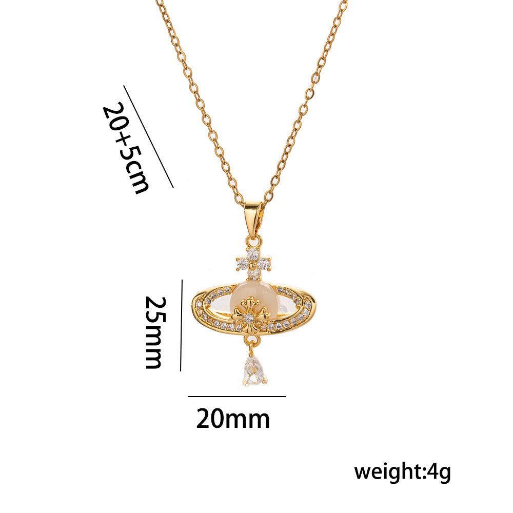 Collar con colgante de lujo con forma de Saturno para mujer, con cobre chapado en oro y circonita, cadena O-Link, accesorio de moda minimalista