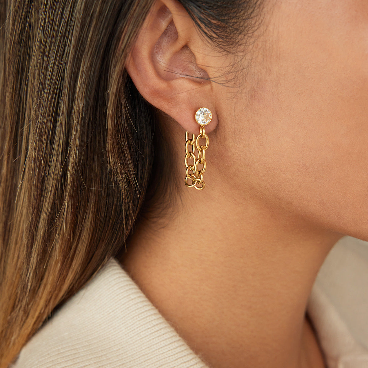 Pendientes Geométricos de Acero Inoxidable con Detalles de Zirconia y Flecos, Pendientes de Lujo con Clip Electrochapados para Mujer