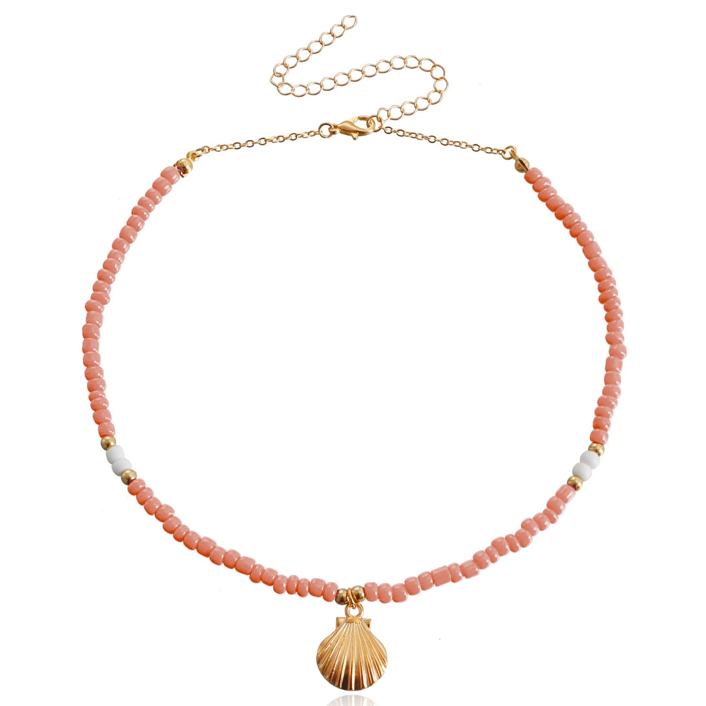 Bohemian Style Large Beaded Necklace with Shell Pendant for Women, Alloy Chain with Plated Finish, Geometric Design Collar Necklace