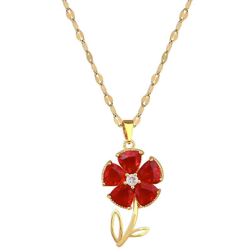 Sweet Minimalist Geometric Moon Floral Rhinestone Brass Pendant Titanium Steel Necklace for Unisex