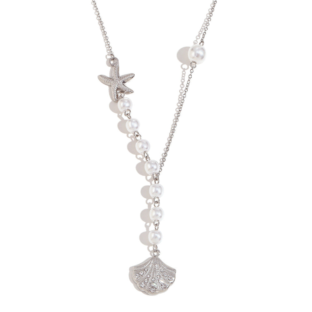 Vintage Fashion Asymmetrical Seashell Pendant Necklace for Women Stainless Steel with 18K Gold Plating and Micro-Pavé Rhinestone Accents