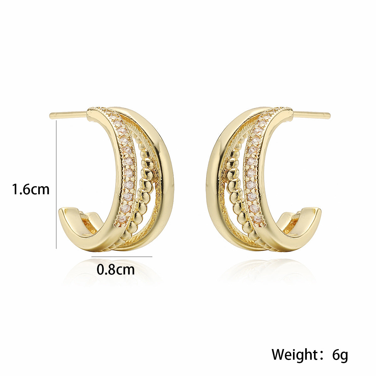 Geometric Earrings for Women in Copper with 18K Gold Plating and Zircon Inlay, Vintage-Inspired Minimalist Fashion Studs